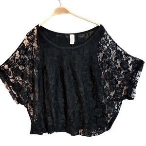 Discreet Black Lace Batwing Half Sleeves Round Neck Lined Shirt Blouse Top Large